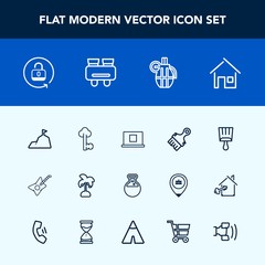 Modern, simple vector icon set with military, unlock, equipment, brush, sky, musical, , watch, war, security, home, sign, key, vision, metal, summer, landscape, grenade, music, blue, palm, white icons