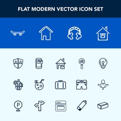 Modern, simple vector icon set with architecture, protection, audio, luggage, weapon, phone, building, technology, travel, estate, skater, brick, skateboard, baggage, security, airport, search icons