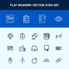 Modern, simple vector icon set with estate, map, human, computer, eye, kitchen, click, education, equipment, truck, interior, good, food, world, cap, up, cooking, planet, vehicle, success, mouse icons