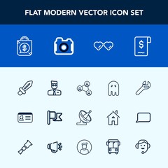 Modern, simple vector icon set with sun, display, nation, spanner, tag, sunglasses, equipment, halloween, communication, dish, business, account, id, white, profile, glasses, satellite, horror icons