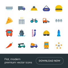 Modern Simple Set of transports, food, industry, hotel Vector flat Icons. Contains such Icons as delivery, helmet,  cargo, shuttle,  safety and more on white background. Fully Editable. Pixel Perfect