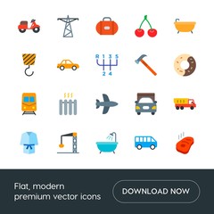 Modern Simple Set of transports, food, industry, hotel Vector flat Icons. Contains such Icons as  heater, motorbike, bath, bathrobe,  crane and more on white background. Fully Editable. Pixel Perfect