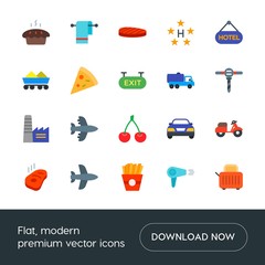 Modern Simple Set of transports, food, industry, hotel Vector flat Icons. Contains such Icons as  food,  bread,  bike,  vehicle,  car,  hot and more on white background. Fully Editable. Pixel Perfect