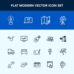 Modern, simple vector icon set with fun, pay, world, staff, guitar, flight, pen, plane, beautiful, music, bed, jazz, idea, technology, video, roller, airplane, sign, check, bedroom, musical, map icons