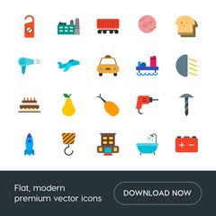 Modern Simple Set of transports, food, industry, hotel Vector flat Icons. Contains such Icons as drill,  power,  service,  industry,  food and more on white background. Fully Editable. Pixel Perfect