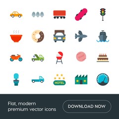 Modern Simple Set of transports, food, industry, hotel Vector flat Icons. Contains such Icons as  background,  skater, hotel,  repair, car and more on white background. Fully Editable. Pixel Perfect