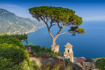 View of the Amalfi Coast and Gulf of Salerno from Villa Rufolo in the hilltop town of Ravello in...