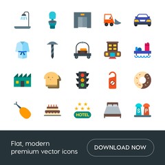 Modern Simple Set of transports, food, industry, hotel Vector flat Icons. Contains such Icons as  toilet,  bed,  washroom, bathroom,  sweet and more on white background. Fully Editable. Pixel Perfect