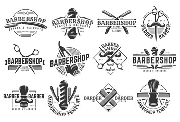 A set of Barbershop vintage Logo template on isolated white background - obrazy, fototapety, plakaty