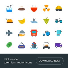 Modern Simple Set of transports, food, industry, hotel Vector flat Icons. Contains such Icons as  transport,  service,  cable,  dish,  car and more on white background. Fully Editable. Pixel Perfect