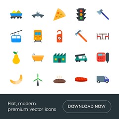 Modern Simple Set of transports, food, industry, hotel Vector flat Icons. Contains such Icons as pizza,  care,  renewable,  bread, crane and more on white background. Fully Editable. Pixel Perfect