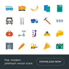 Modern Simple Set of transports, food, industry, hotel Vector flat Icons. Contains such Icons as minibus,  oil,  dessert, helmet,  vegetable and more on white background. Fully Editable. Pixel Perfect