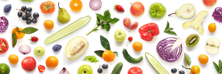 Various vegetables and fruits isolated on white background, top view, flat layout. Concept of healthy eating, food background.