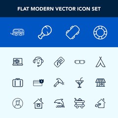 Modern, simple vector icon set with summer, transport, shovel, play, center, domino, fashion, airport, vehicle, headset, coin, skate, adventure, luggage, internet, sunglasses, bus, glasses, pool icons