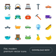 Modern Simple Set of transports, food, industry, hotel Vector flat Icons. Contains such Icons as banner,  urban,  food, bath,  building, bed and more on white background. Fully Editable. Pixel Perfect