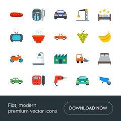 Modern Simple Set of transports, food, industry, hotel Vector flat Icons. Contains such Icons as  freight, drill, fridge,  home, bathroom and more on white background. Fully Editable. Pixel Perfect