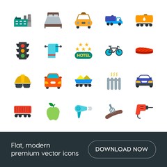 Modern Simple Set of transports, food, industry, hotel Vector flat Icons. Contains such Icons as  plant,  care,  heater,  meat,  city, taxi and more on white background. Fully Editable. Pixel Perfect