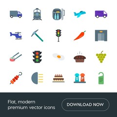 Modern Simple Set of transports, food, industry, hotel Vector flat Icons. Contains such Icons as  sweet,  grape,  kebab, fridge,  safety and more on white background. Fully Editable. Pixel Perfect