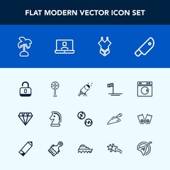 Modern, simple vector icon set with fan, protection, jewelry, palm, money, diamond, game, laundry, lock, horse, night, beach, air, sky, unlock, strategy, crystal, open, gem, astronomy, washer icons