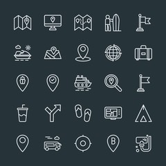 Modern Simple Set of location, travel Vector outline Icons. Contains such Icons as  location,  gps,  surfing,  equipment, world, mask,  camp and more on dark background. Fully Editable. Pixel Perfect.