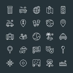 Modern Simple Set of location, travel Vector outline Icons. Contains such Icons as  water,  sky,  journey,  pin,  summer,  sport,  railway and more on dark background. Fully Editable. Pixel Perfect.