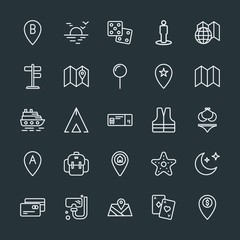 Modern Simple Set of location, travel Vector outline Icons. Contains such Icons as  tent,  location,  card,  game,  astronomy,  background and more on dark background. Fully Editable. Pixel Perfect.