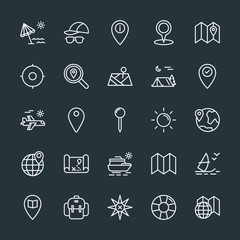 Modern Simple Set of location, travel Vector outline Icons. Contains such Icons as  travel,  city,  accessories,  save,  extreme,  hipster and more on dark background. Fully Editable. Pixel Perfect.