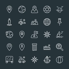Modern Simple Set of location, travel Vector outline Icons. Contains such Icons as  railway,  ball,  nature,  sunrise, travel,  planet,  sea and more on dark background. Fully Editable. Pixel Perfect.