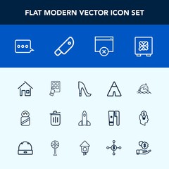 Modern, simple vector icon set with salt, launch, technology, food, internet, adventure, tent, security, house, architecture, trash, lock, camp, home, sign, recycling, space, travel, rocket, bin icons