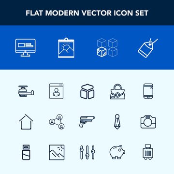 Modern, simple vector icon set with profile, cell, cardboard, display, weapon, sale, male, package, technology, touchscreen, gun, leather, white, communication, architecture, relocation, paper icons