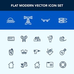Modern, simple vector icon set with payment, insulating, home, music, technology, cocktail, vase, sunrise, bullet, drill, underwater, pottery, gun, equipment, jug, roof, headset, landscape, tape icons