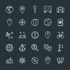 Modern Simple Set of location, travel Vector outline Icons. Contains such Icons as  travel,  direction,  background, petrol, route,  world and more on dark background. Fully Editable. Pixel Perfect.