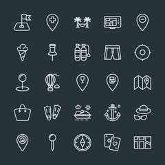 Modern Simple Set of location, travel Vector outline Icons. Contains such Icons as poker,  east,  luck,  hot,  nautical,  holiday,  fun, gps and more on dark background. Fully Editable. Pixel Perfect.