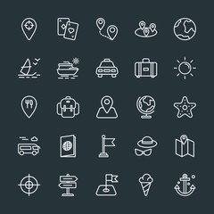 Modern Simple Set of location, travel Vector outline Icons. Contains such Icons as target,  game,  pin,  background, rucksack,  casino,  fun and more on dark background. Fully Editable. Pixel Perfect.