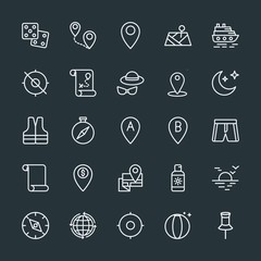 Modern Simple Set of location, travel Vector outline Icons. Contains such Icons as map,  beach,  point,  gambling,  protection, sea,  risk and more on dark background. Fully Editable. Pixel Perfect.