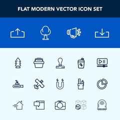 Modern, simple vector icon set with tree, drink, stationery, magnetic, glass, web, loudspeaker, video, sea, nature, paper, summer, player, pole, sign, ocean, cocktail, stamp, environment, boat icons