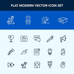 Modern, simple vector icon set with road, hand, chat, announcement, education, bubble, crash, megaphone, construction, destruction, real, speech, estate, food, message, jazz, navigation, musical icons
