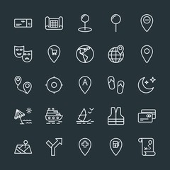 Modern Simple Set of location, travel Vector outline Icons. Contains such Icons as hospital,  arrow, credit,  station,  car,  pass,  safety and more on dark background. Fully Editable. Pixel Perfect.