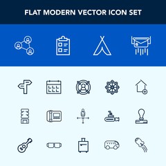 Modern, simple vector icon set with business, drink, nautical, message, wheel, marketing, timetable, concept, letter, tent, cold, travel, arrow, helm, ship, time, house, screen, outdoor, phone icons