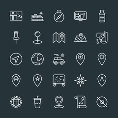 Modern Simple Set of location, travel Vector outline Icons. Contains such Icons as  protection, travel, soda,  road,  street,  globe,  cream and more on dark background. Fully Editable. Pixel Perfect.