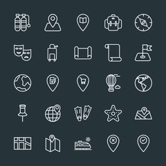 Modern Simple Set of location, travel Vector outline Icons. Contains such Icons as rucksack,  pin, compass,  student,  sea,  gas,  place and more on dark background. Fully Editable. Pixel Perfect.