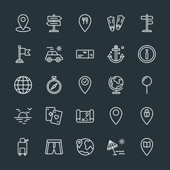 Modern Simple Set of location, travel Vector outline Icons. Contains such Icons as map, flag,  east,  banner, suitcase,  water, shorts,  pin and more on dark background. Fully Editable. Pixel Perfect.