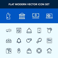 Modern, simple vector icon set with tourism, whistle, bank, alarm, shipping, coaxial, sport, connection, megaphone, game, notification, glass, alert, europe, call, money, cocktail, greece, chess icons