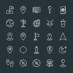 Modern Simple Set of location, travel Vector outline Icons. Contains such Icons as  location,  travel,  night,  marker,  road,  shoes,  sign and more on dark background. Fully Editable. Pixel Perfect.