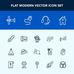 Modern, simple vector icon set with tent, hanger, personal, business, online, add, door, microphone, progress, growth, war, military, stationary, user, house, adventure, internet, airplane, camp icons