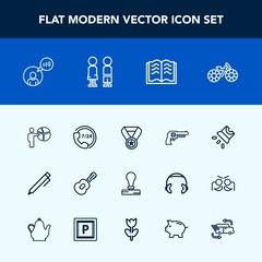 Modern, simple vector icon set with revolver, operator, meeting, video, people, call, prize, stationery, transportation, bike, win, work, service, cycle, projector, pistol, pen, movie, reward icons