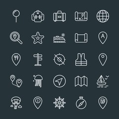 Modern Simple Set of location, travel Vector outline Icons. Contains such Icons as wheel,  old,  ship,  adventure,  sail,  globus,  internet and more on dark background. Fully Editable. Pixel Perfect.