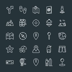 Modern Simple Set of location, travel Vector outline Icons. Contains such Icons as  water,  shoes, fashion,  ticket,  road,  trip, map,  map and more on dark background. Fully Editable. Pixel Perfect.