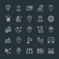Modern Simple Set of location, travel Vector outline Icons. Contains such Icons as flag,  shoes,  sport,  debit,  ocean, credit,  card,  sea and more on dark background. Fully Editable. Pixel Perfect.