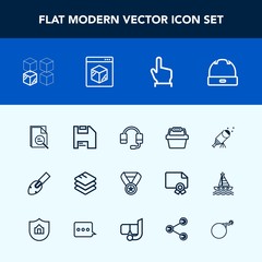 Modern, simple vector icon set with equipment, internet, head, support, construction, white, house, night, technology, headset, star, data, success, button, diskette, astronomy, telescope, call icons